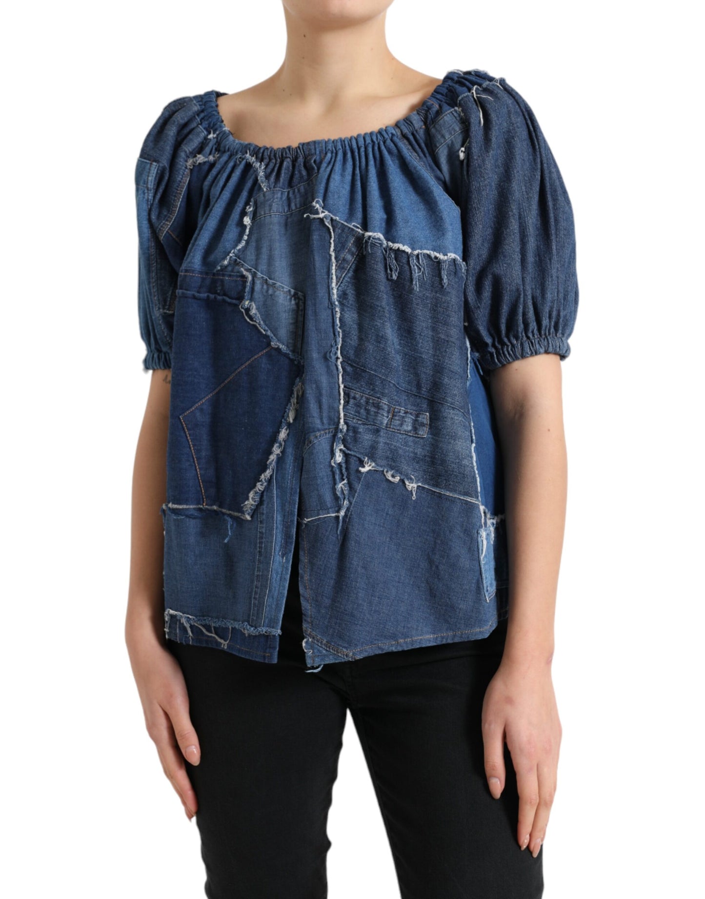 Dolce &amp; Gabbana Blue Patchwork Short Sleeves Denim Blouse Top