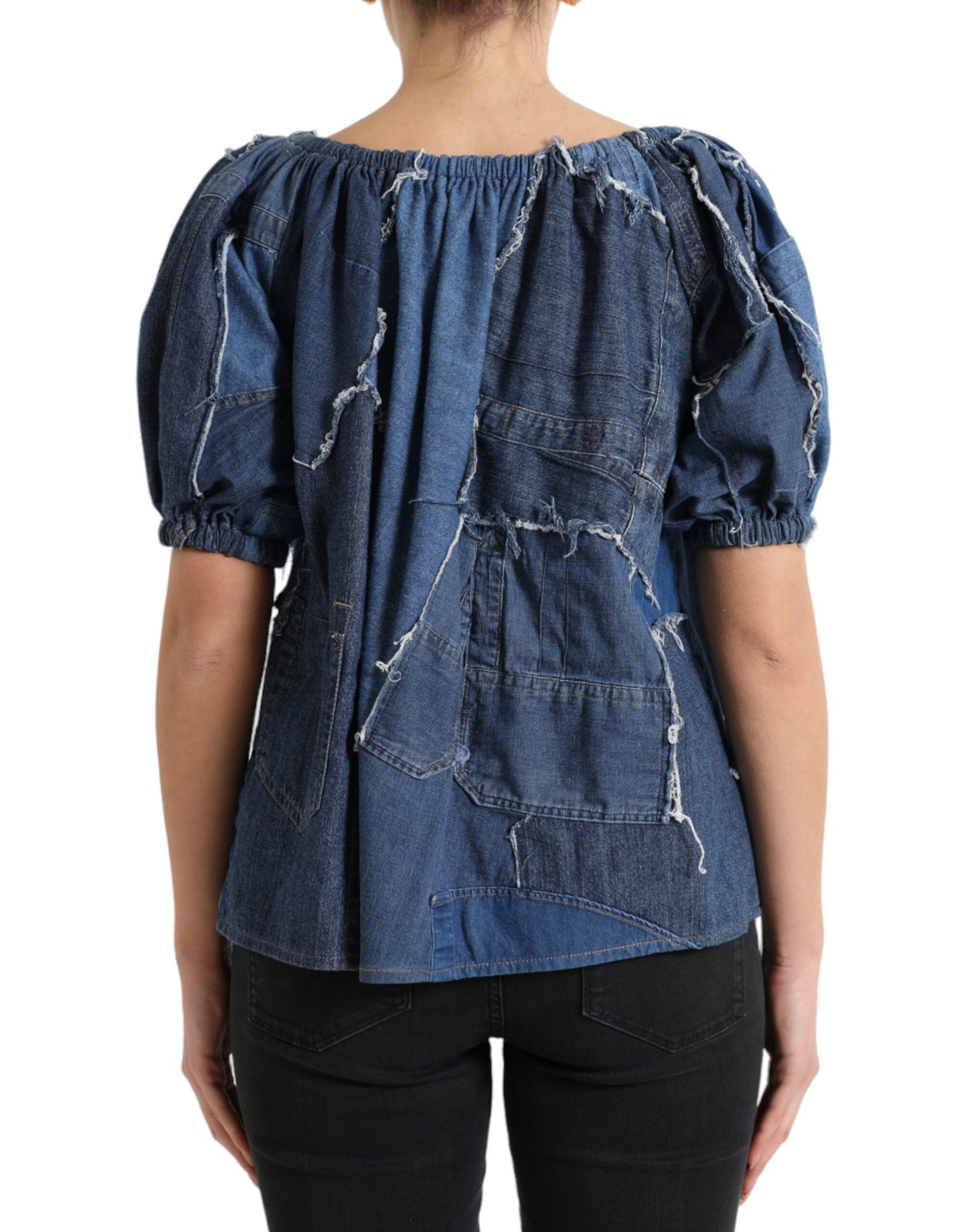 Dolce &amp; Gabbana Blue Patchwork Short Sleeves Denim Blouse Top