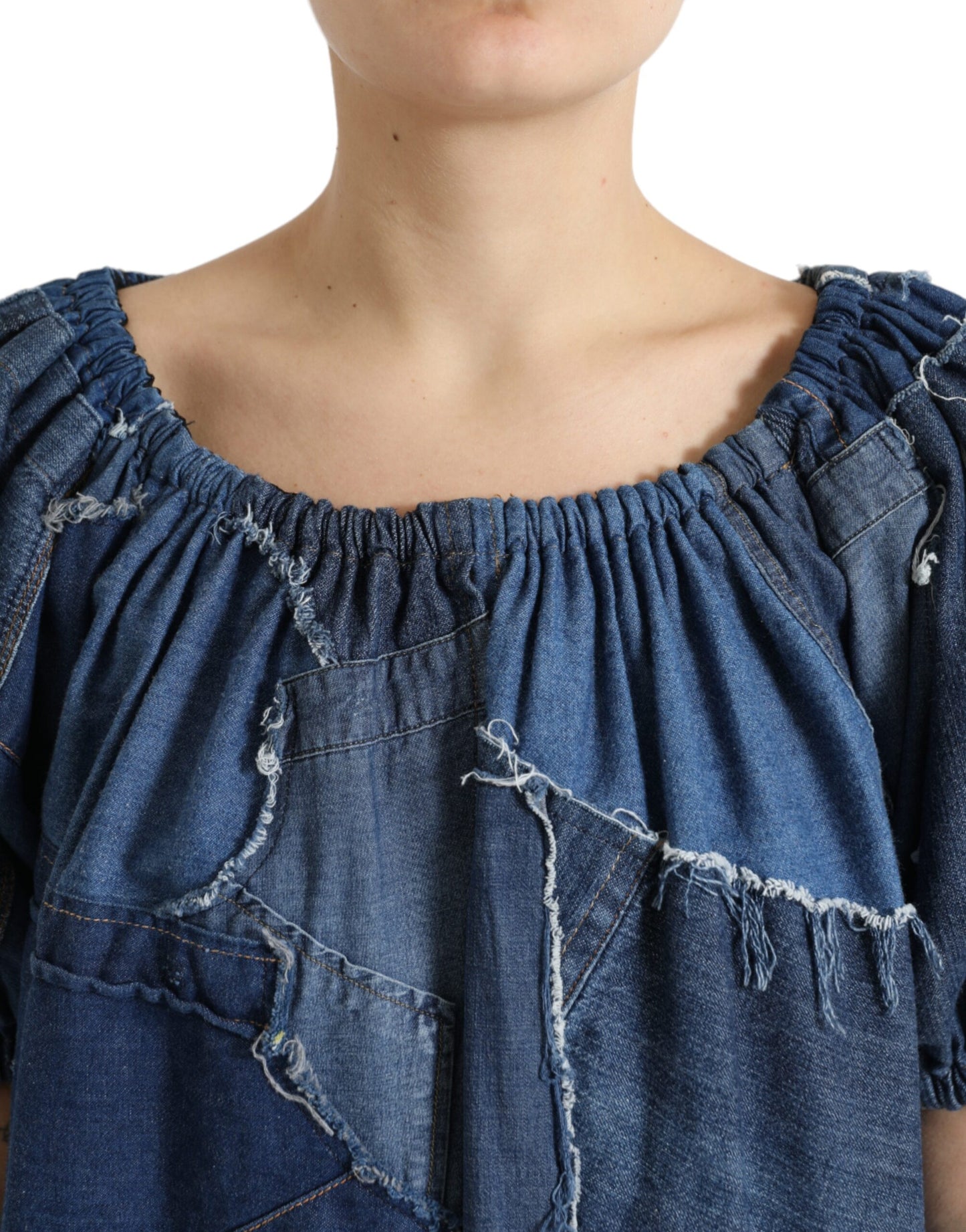 Dolce &amp; Gabbana Blue Patchwork Short Sleeves Denim Blouse Top