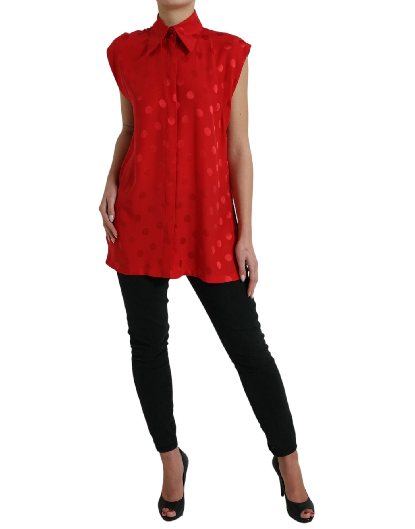 Dolce &amp; Gabbana Red Polka Dot Sleeveless Collared Blouse Top