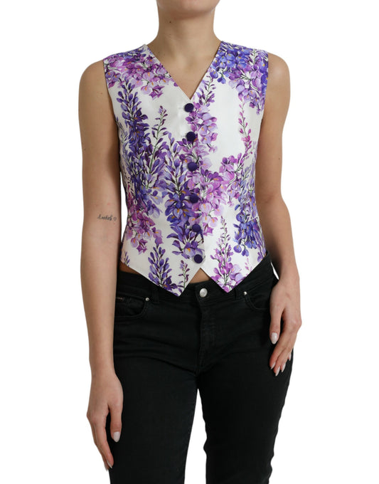 Dolce &amp; Gabbana White Floral Print Silk Waistcoat Vest Top