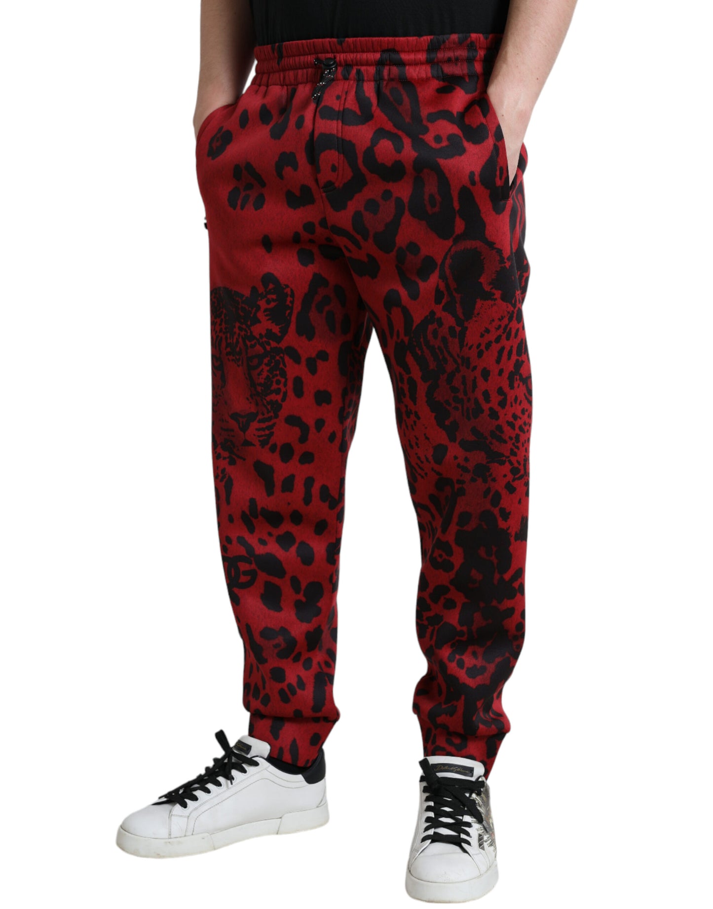 Dolce &amp; Gabbana Red Black Leopard Stretch Jogger Pants