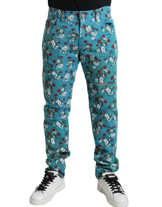 Dolce &amp; Gabbana Blue Floral Print Skinny Cotton Denim Pants