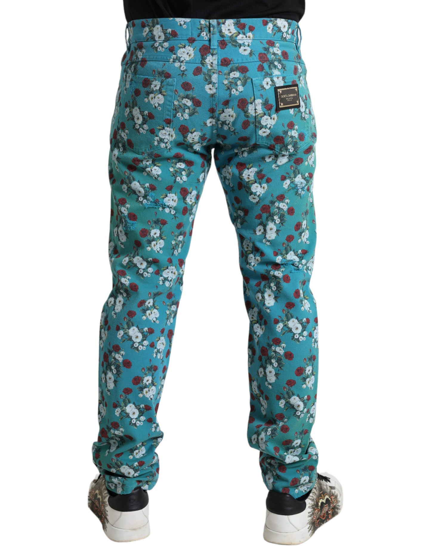 Dolce &amp; Gabbana Blue Floral Print Skinny Cotton Denim Pants