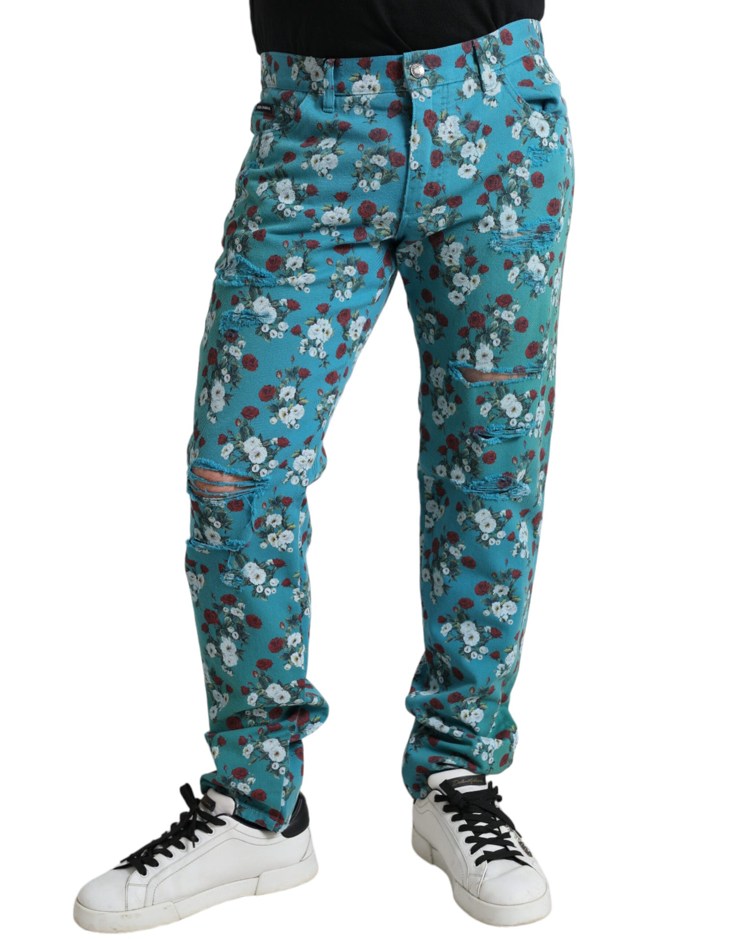 Dolce &amp; Gabbana Blue Floral Print Skinny Cotton Denim Pants