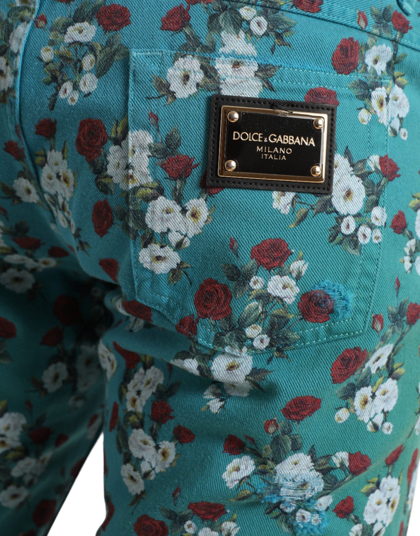 Dolce &amp; Gabbana Blue Floral Print Skinny Cotton Denim Pants