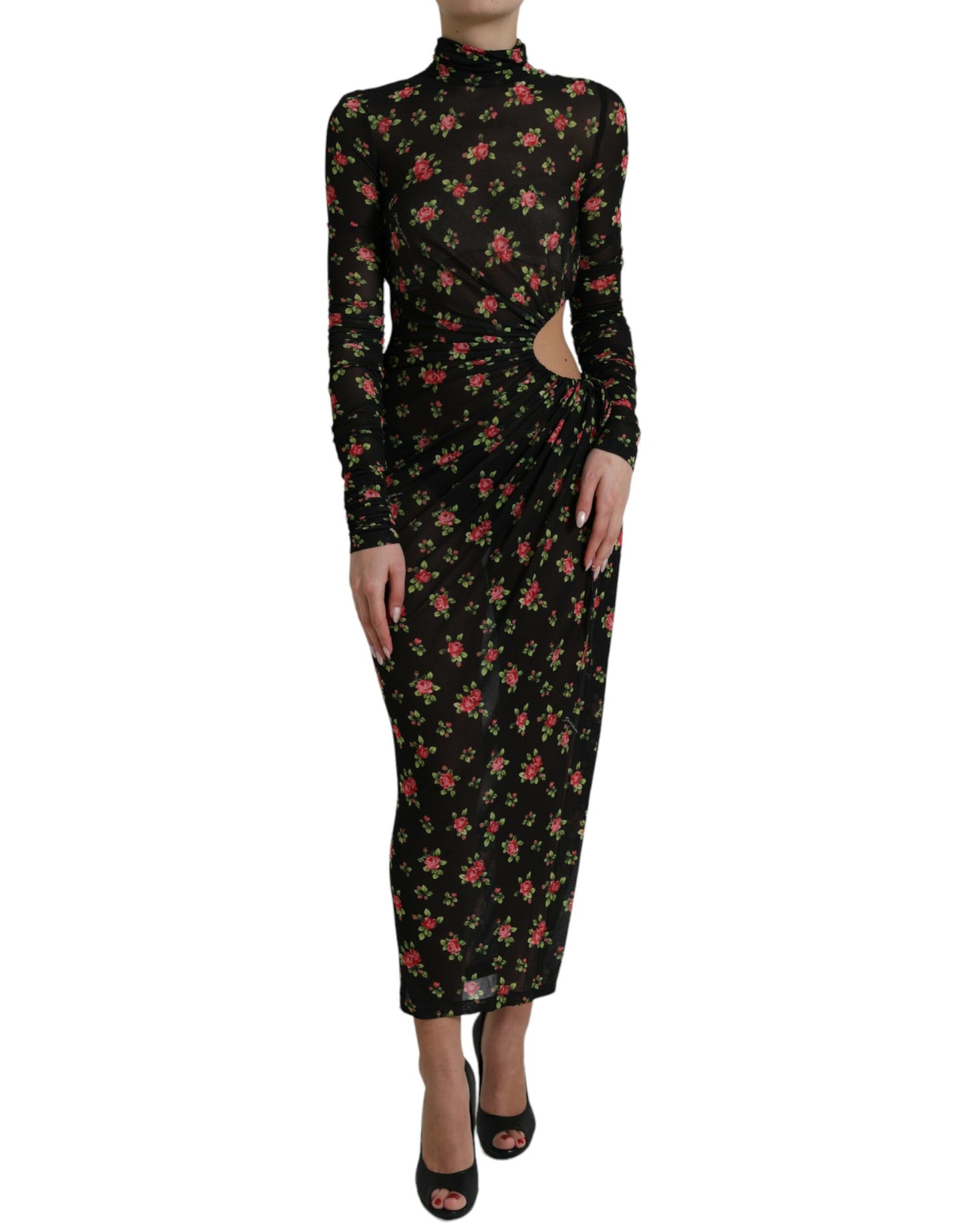 Dolce &amp; Gabbana Black Floral Cut Out Sheath Long Maxi Dress