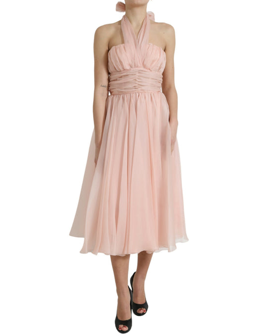 Dolce &amp; Gabbana Pink Silk Chiffon Halter A-line Pleated Midi Dress