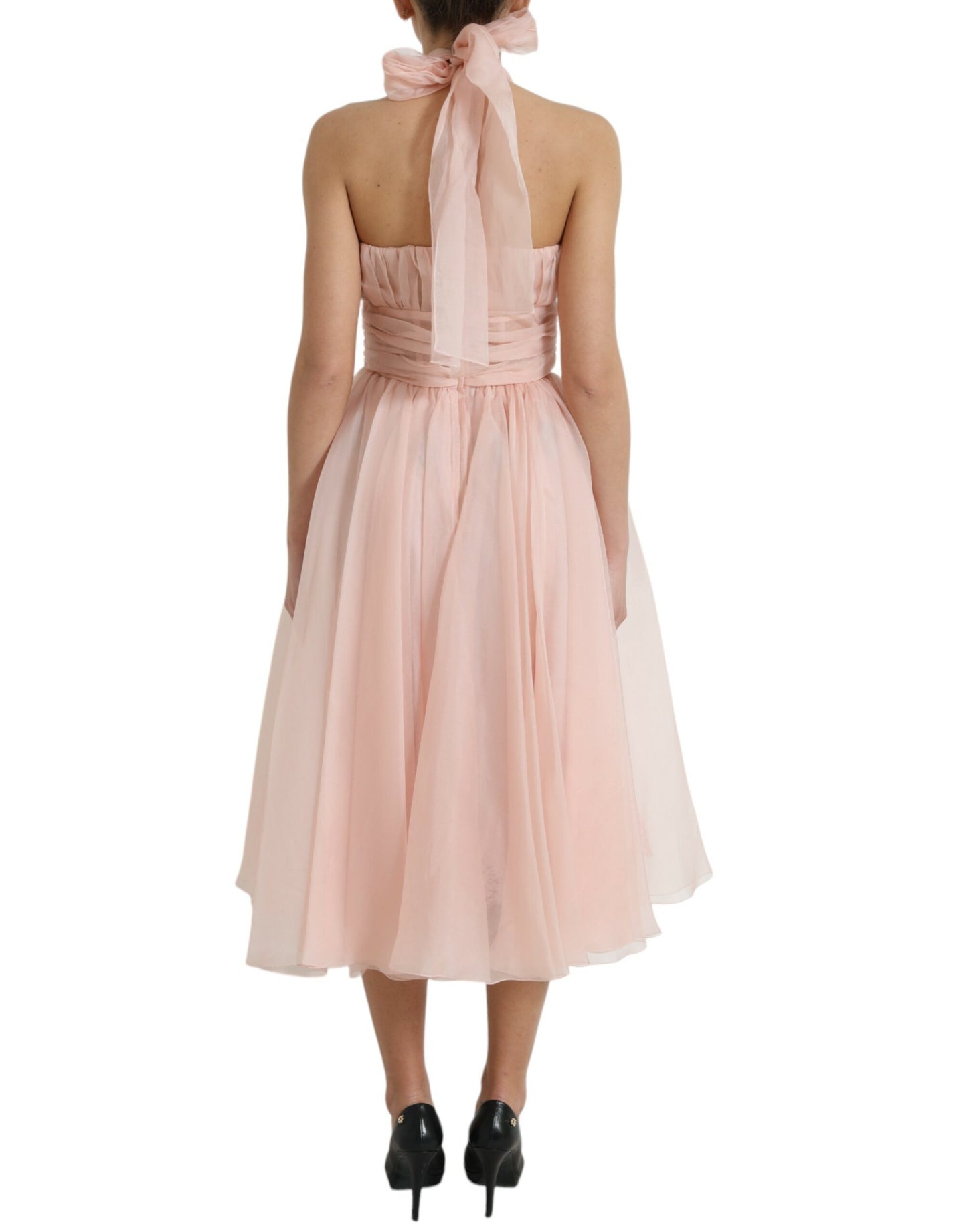 Dolce &amp; Gabbana Pink Silk Chiffon Halter A-line Pleated Midi Dress