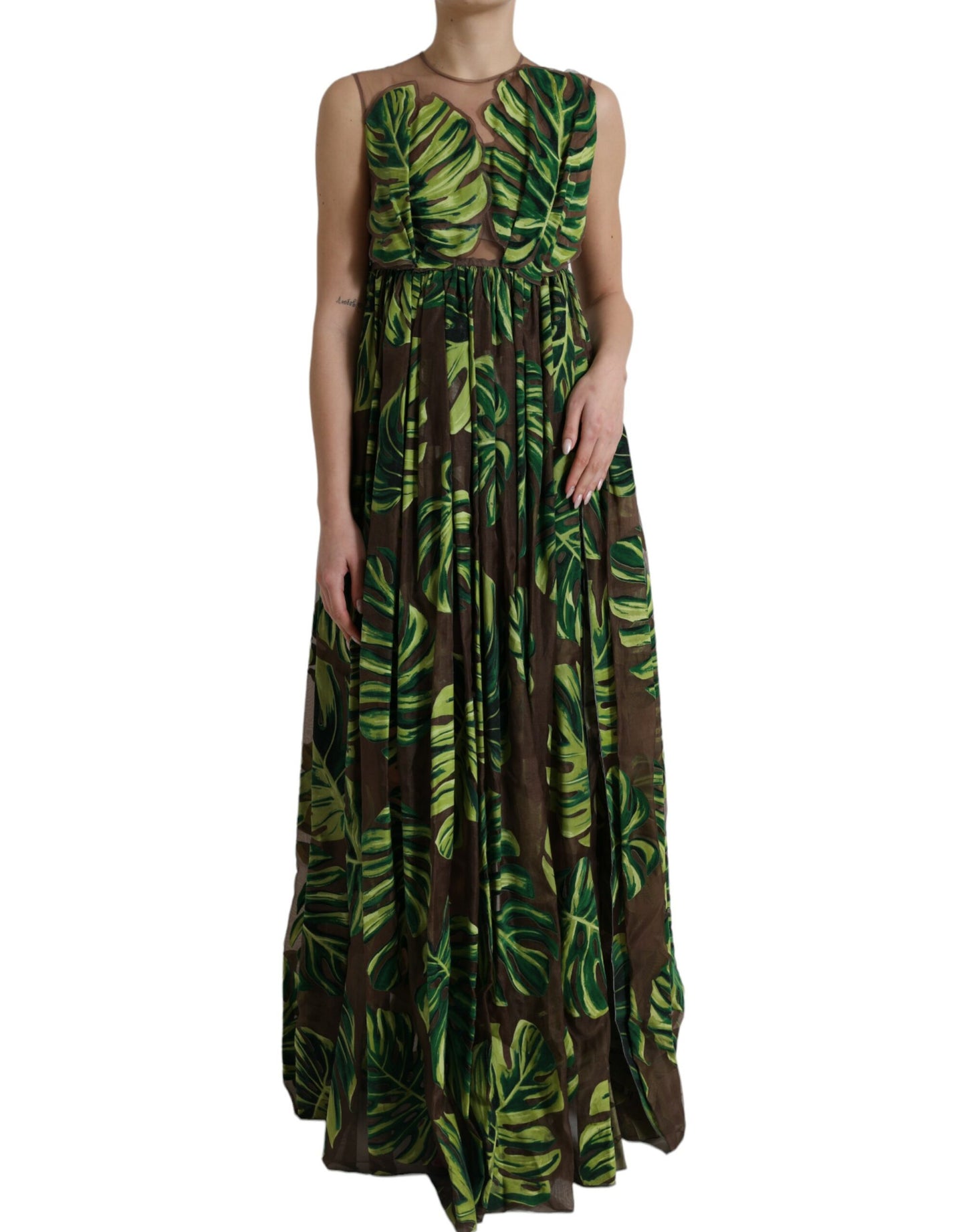 Dolce &amp; Gabbana Green Banana Leaf Sleeveless Long Maxi Dress