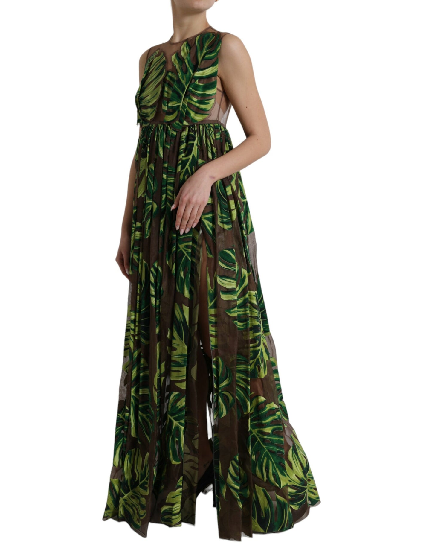 Dolce &amp; Gabbana Green Banana Leaf Sleeveless Long Maxi Dress