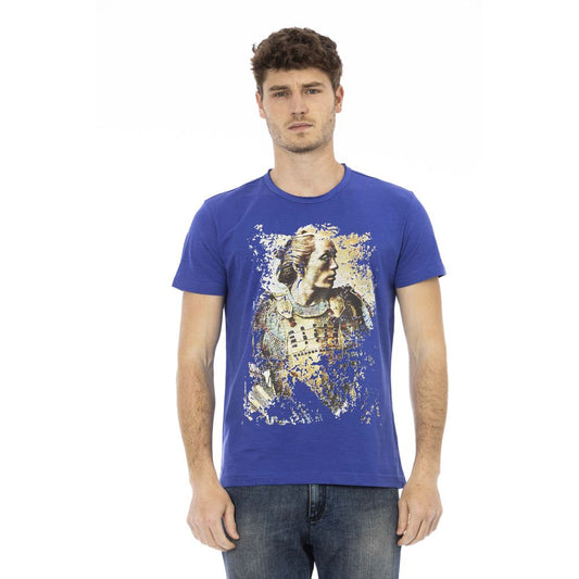 Trussardi Action T-Shirt aus schlanker blauer Baumwolle mit einzigartigem Frontdruck