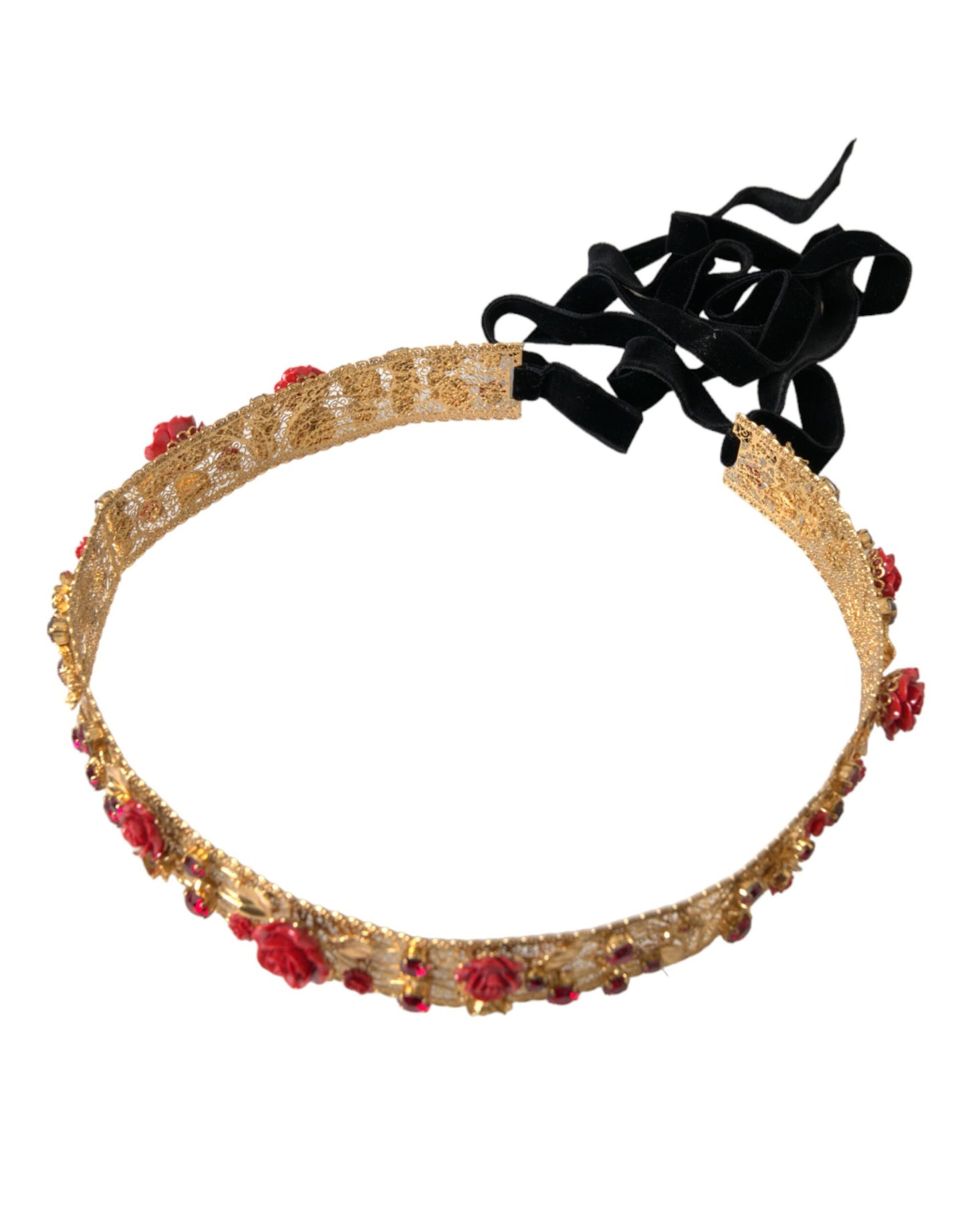 Dolce & Gabbana Gold Brass Red Roses Crystal Jewel Waist Belt