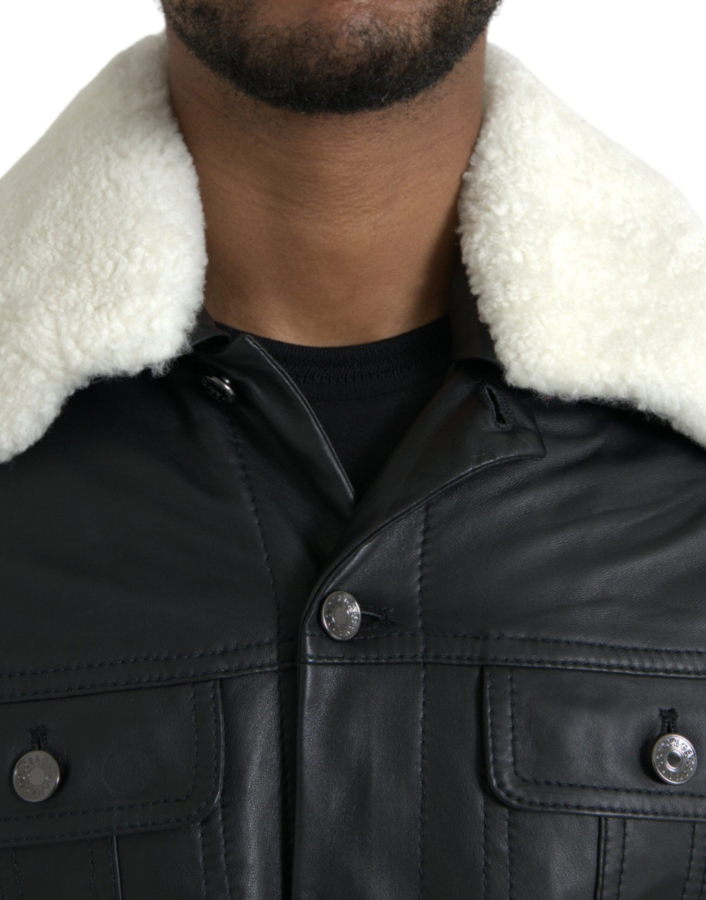 Dolce & Gabbana Black Leather Fur Collar Biker Coat Jacket