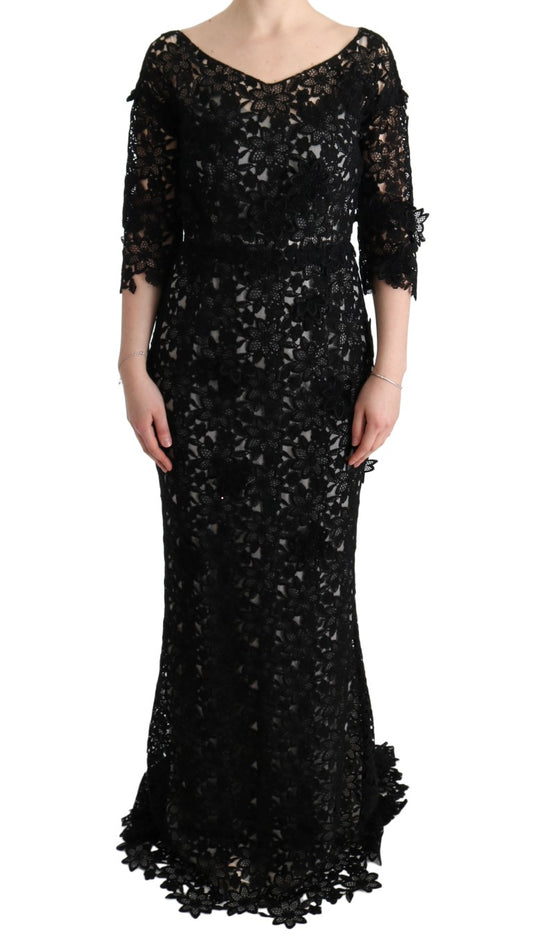 Dolce &amp; Gabbana Elegantes schwarzes Maxi-Etuikleid mit Blumenapplikation