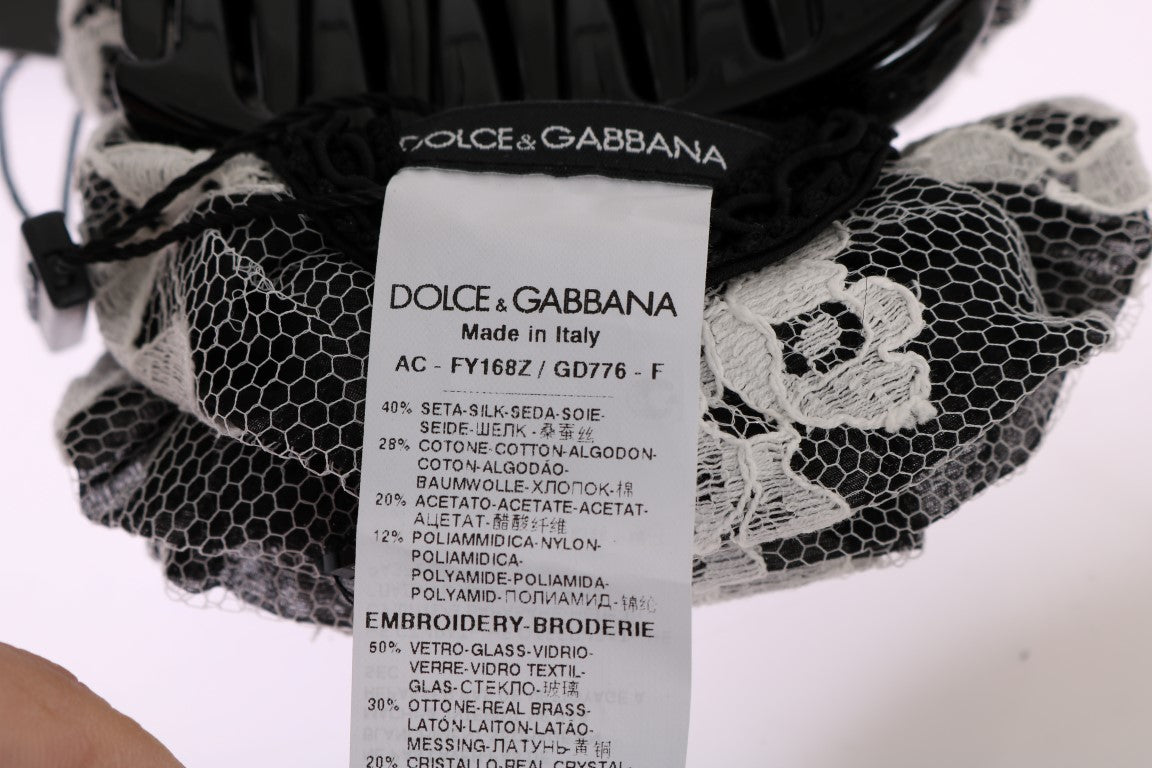 Dolce &amp; Gabbana Elegante Haarklammer mit Blumenspitze und Kristallen in Schwarz und Weiß