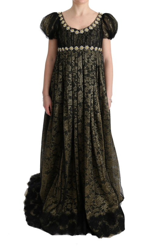 Dolce &amp; Gabbana Maxi-Etuikleid mit Sonnenblumen-Spitze und Kristallen