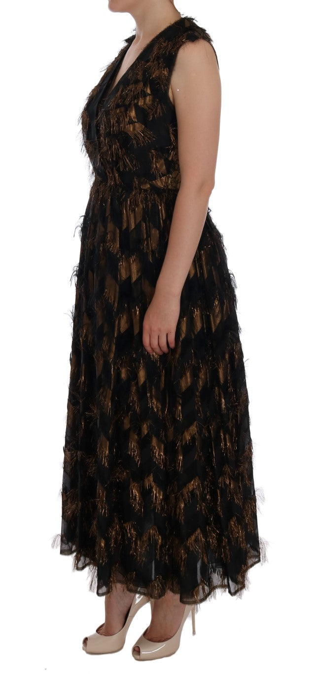 Dolce &amp; Gabbana Black Silk Brown Fringes A-Line Dress