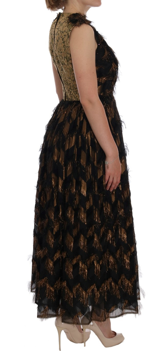 Dolce &amp; Gabbana Black Silk Brown Fringes A-Line Dress