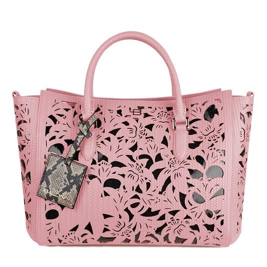 Baldinini Trend Chic Handtasche aus rosafarbenem Kalbsleder mit floralen Akzenten