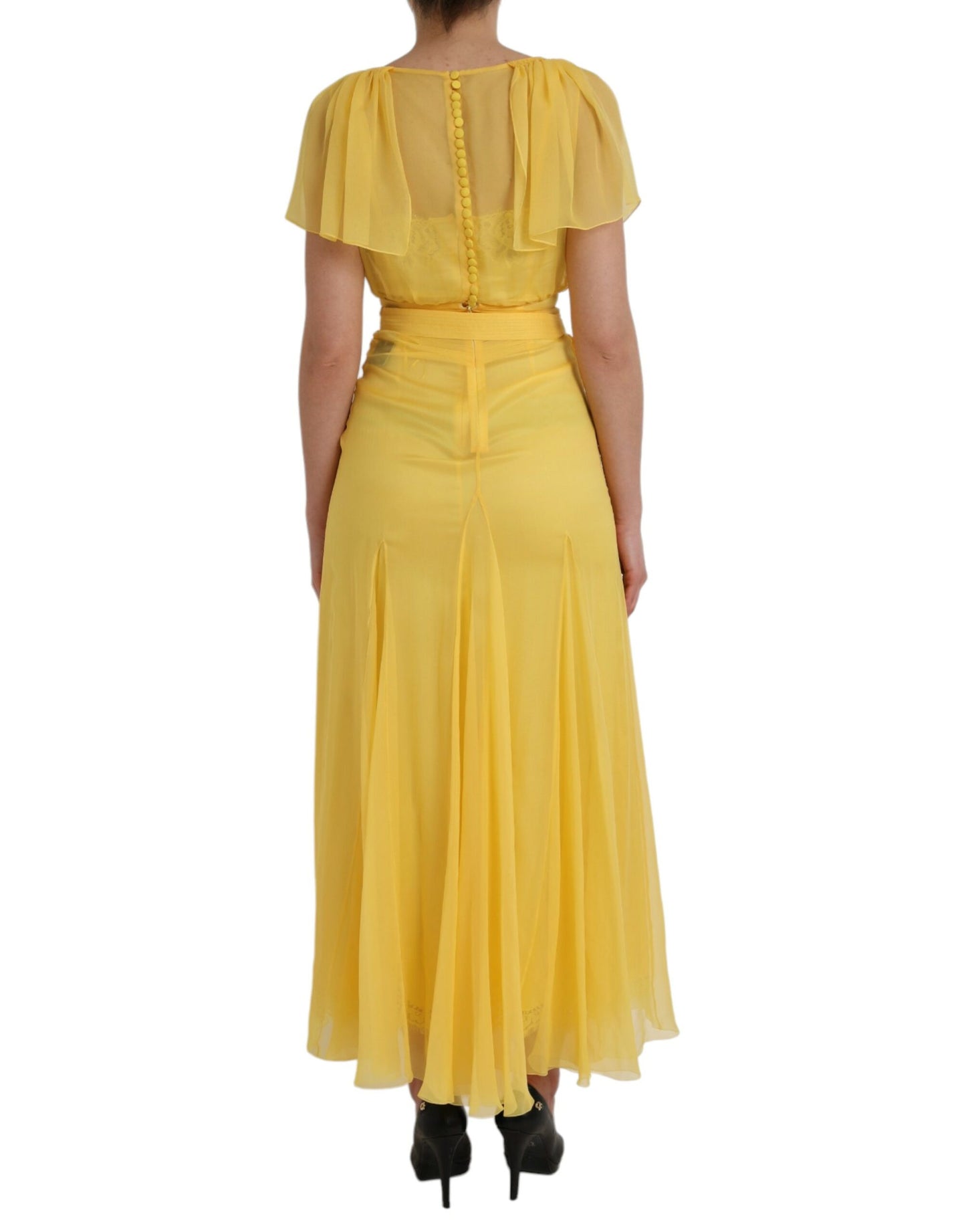 Dolce & Gabbana Yellow Silk Sheath Belted Long Maxi Dress