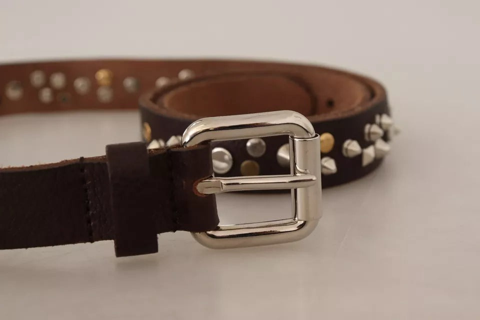 Dolce &amp; Gabbana – Brauner Ledergürtel mit silberner Metallschnalle und Nieten