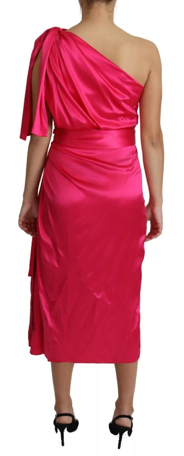 Dolce & Gabbana Fuchsia Fitted Cut One Shoulder Midi Dress