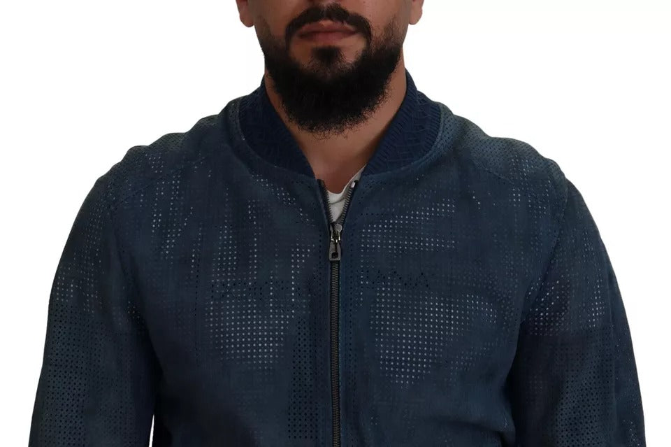 Dolce & Gabbana Blue Leather Perforated Full Zip Jacket