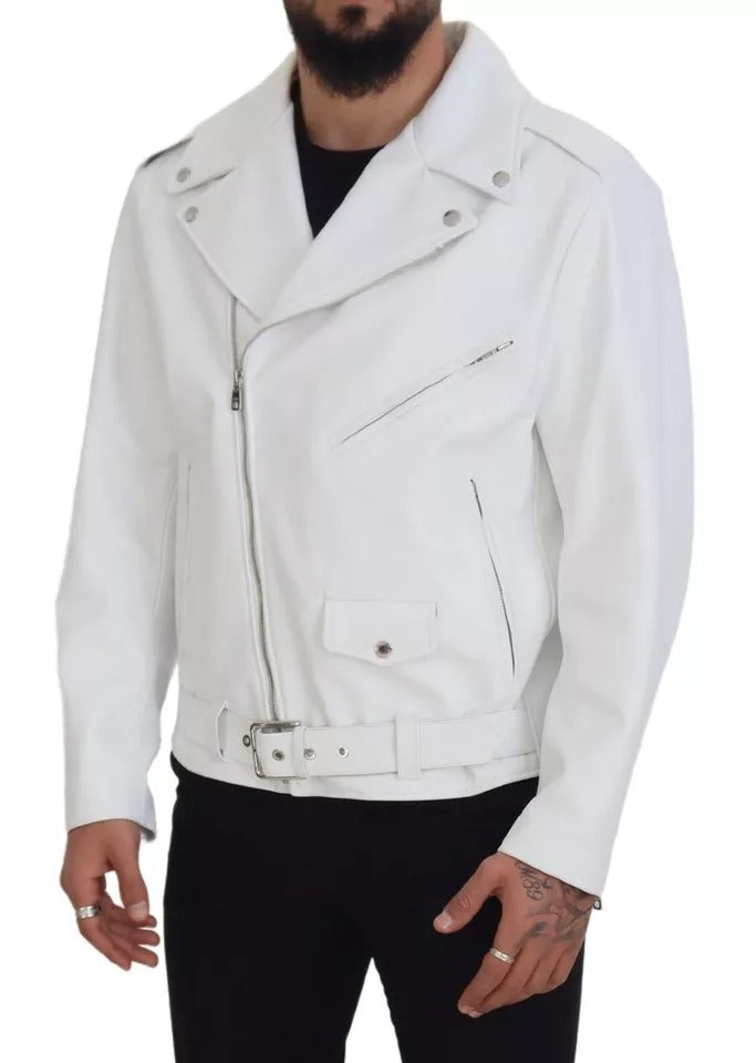 Dolce & Gabbana White Leather Biker Coat Zipper Jacket