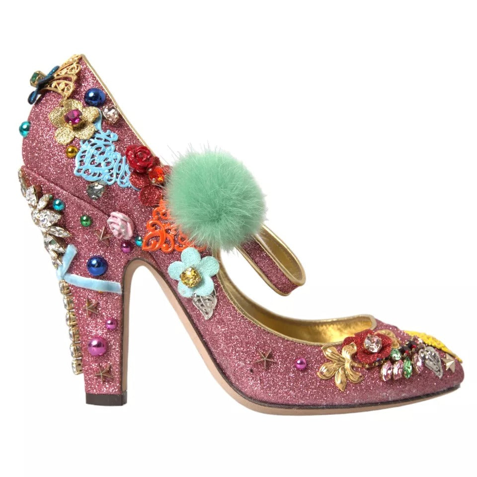 Dolce & Gabbana Pink Embellished Fur Mary Jane Pumps Shoes