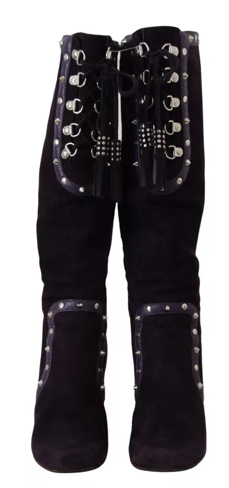 Dolce & Gabbana Purple Suede Leather Studded High Boots Shoes