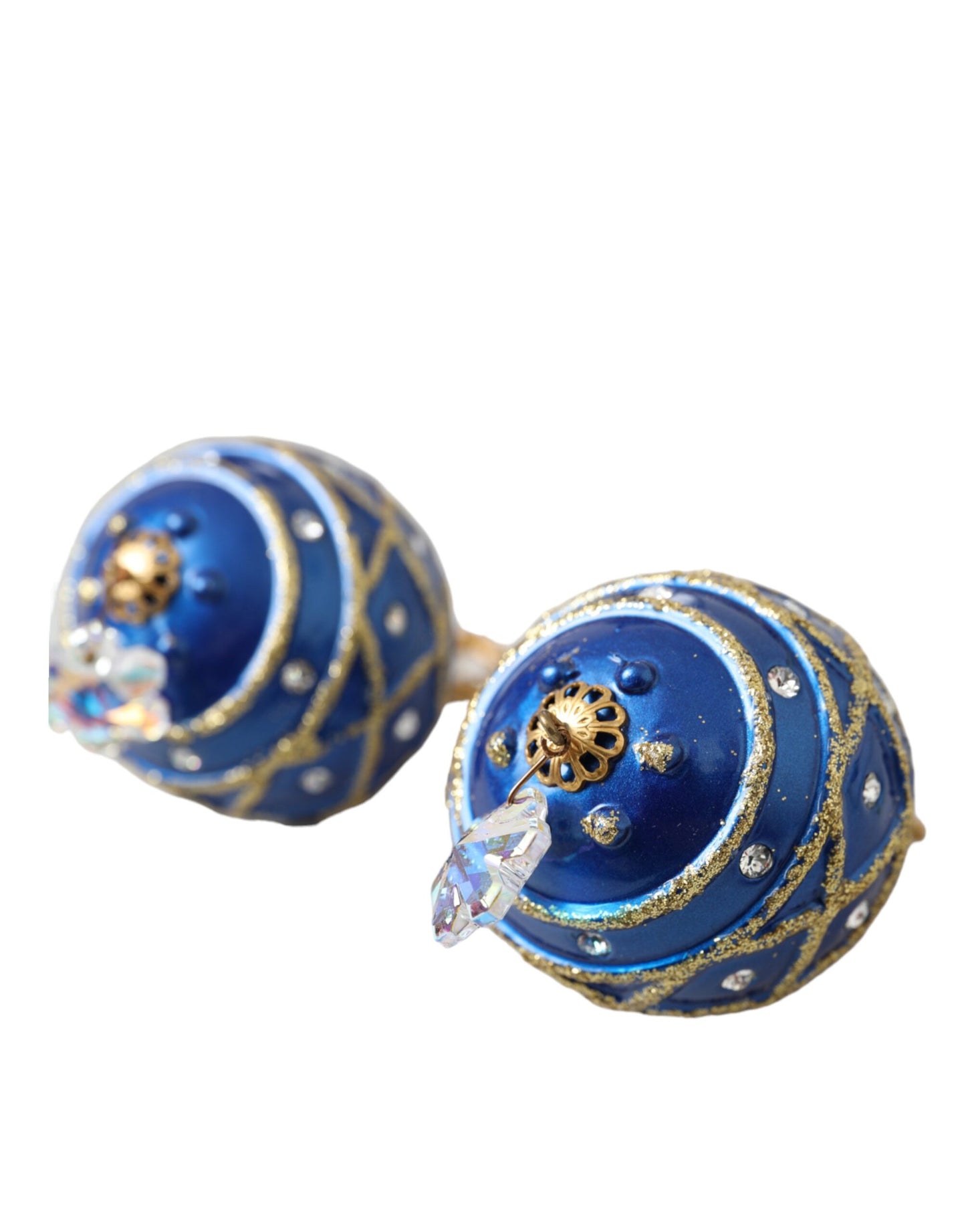 Dolce & Gabbana Gold Brass Blue Dangle Christmas Ball Crystal Clip On Earrings