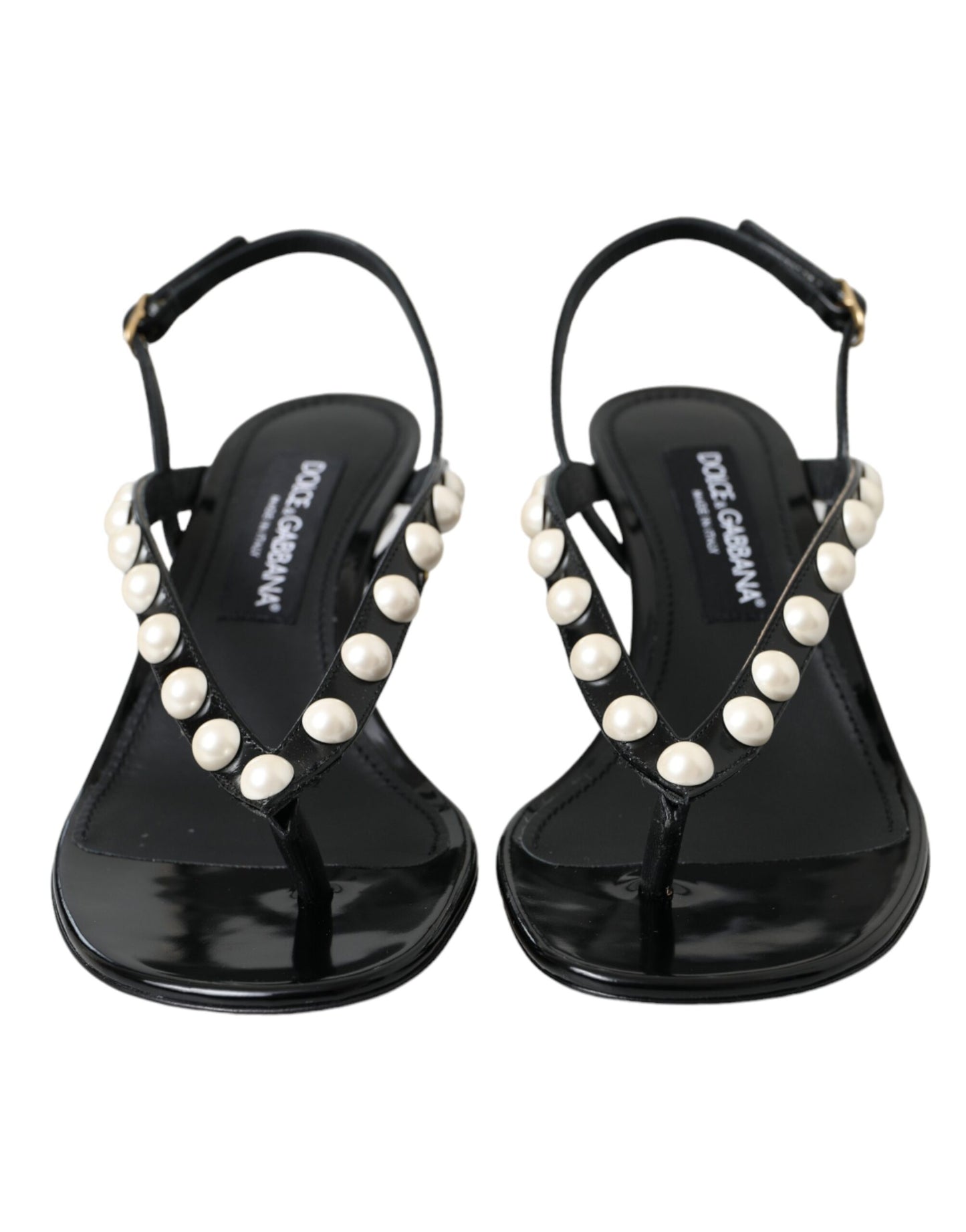 Dolce & Gabbana Black Leather Faux Pearl Heel Sandals Shoes