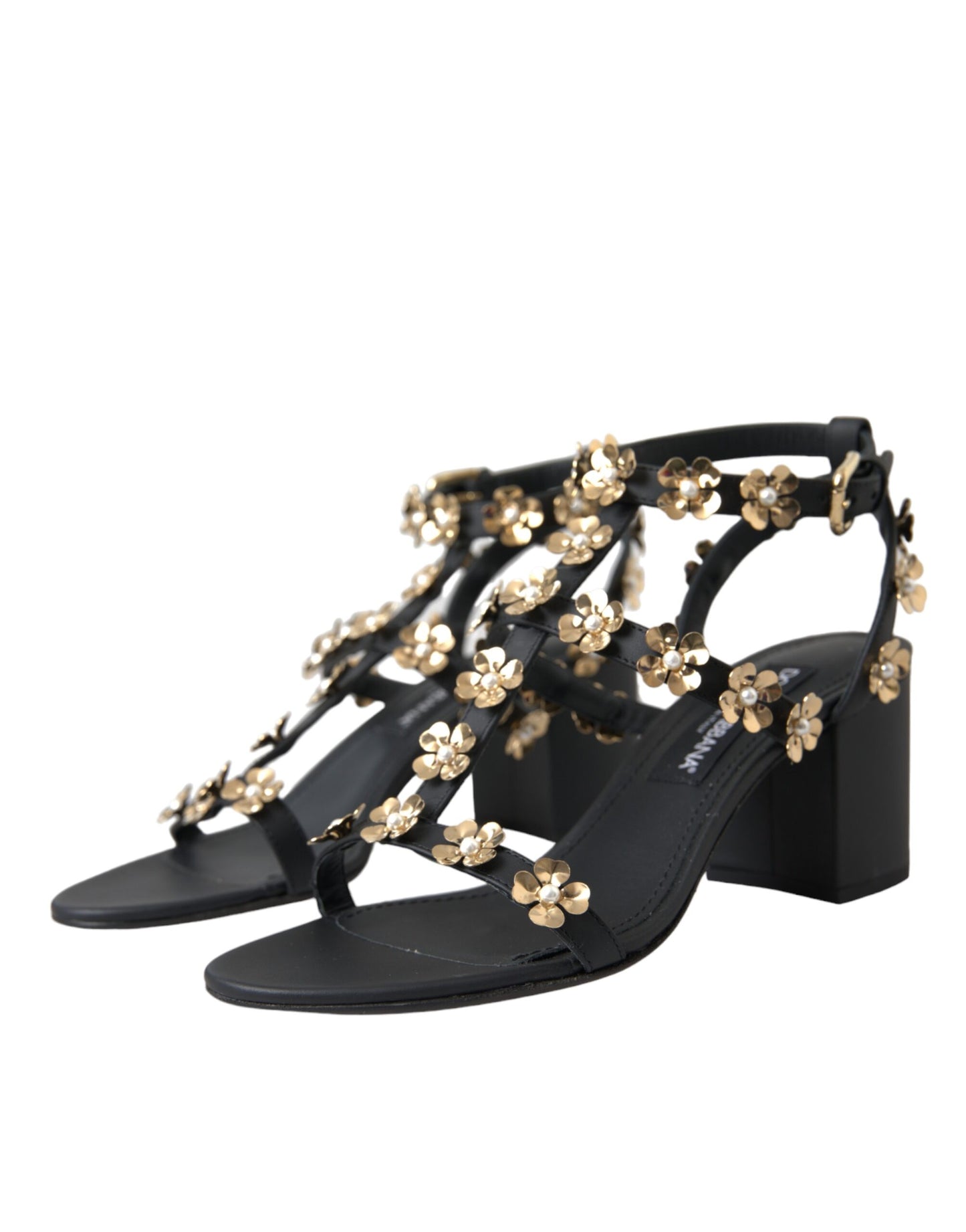 Dolce & Gabbana Black Leather Embellished Heel Sandal Shoes