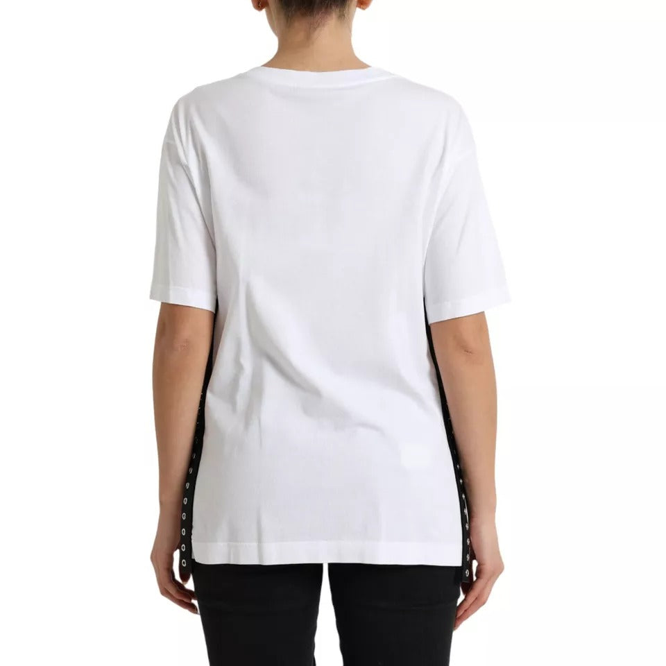 Dolce & Gabbana White Slogan Print Lacing Detailed T-shirt