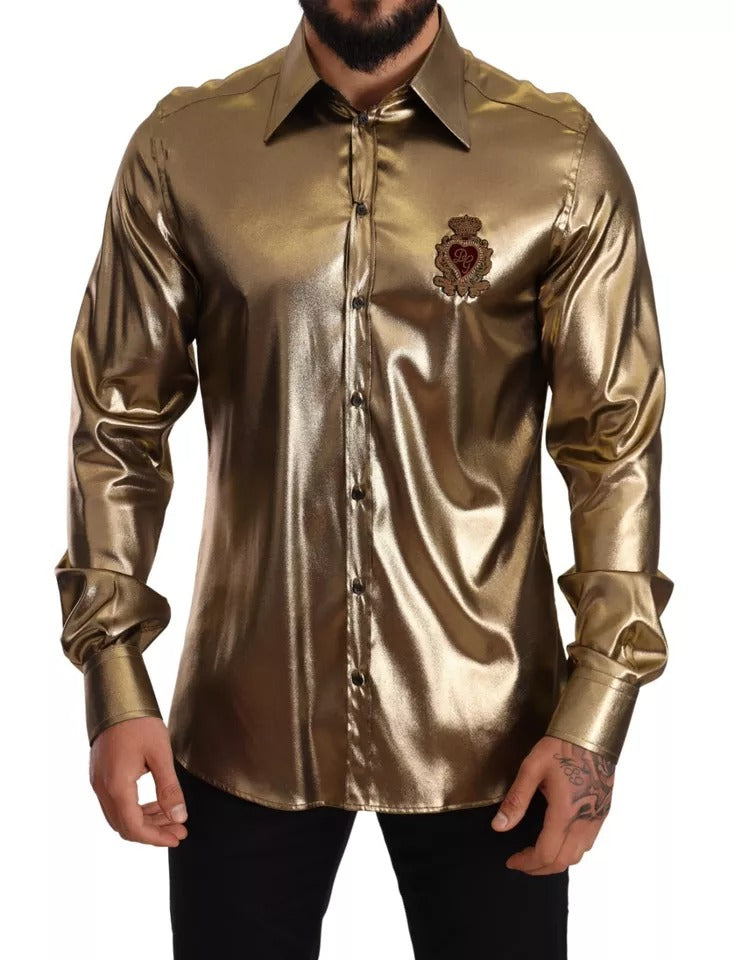 Dolce & Gabbana Metallic Gold DG Embroidered Crown Silk Top Shirt