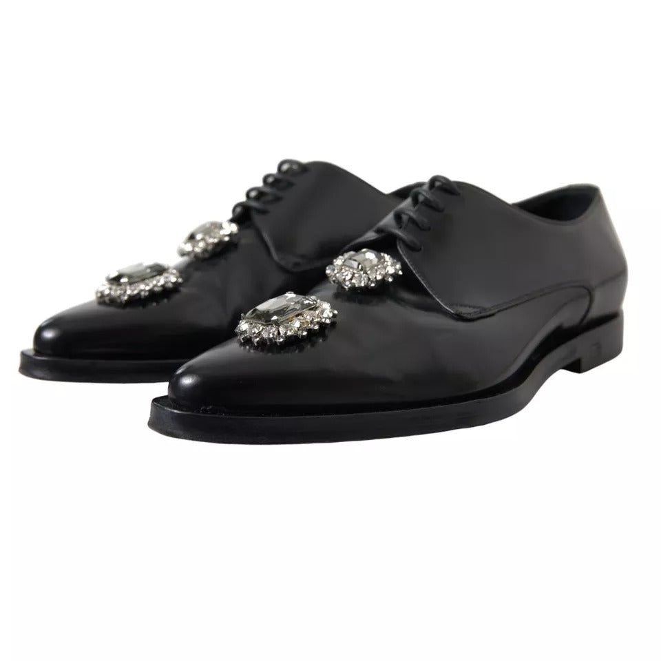 Dolce & Gabbana Black Leather Crystal Lace Up Formal Shoes