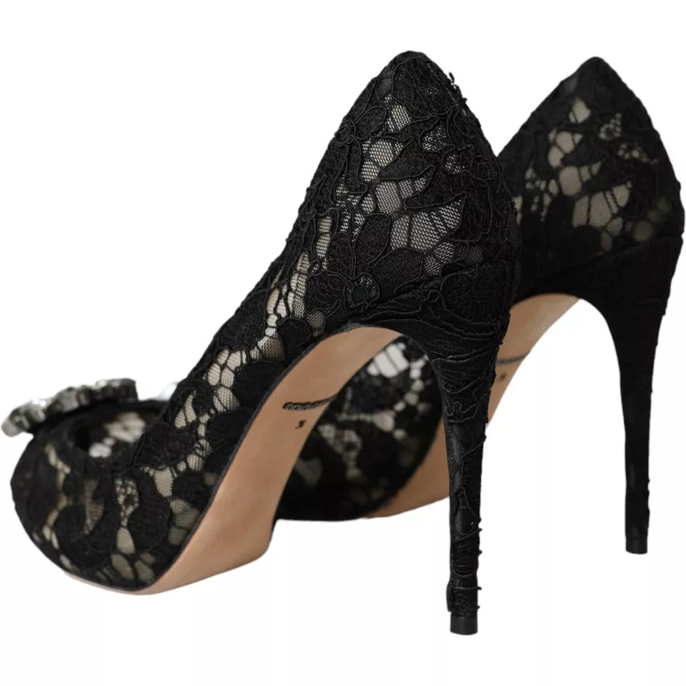 Dolce & Gabbana Black Taormina Lace Crystal Heel Pumps Shoes