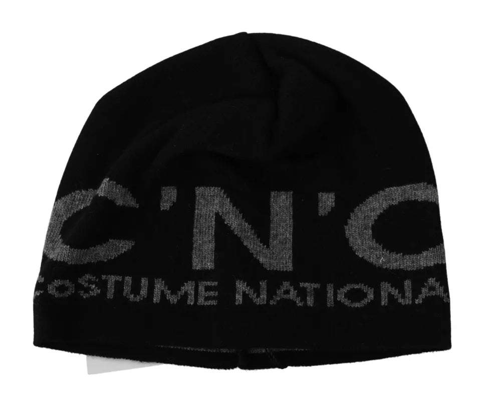 Costume National Black Wool Blend Branded Beanie Hat