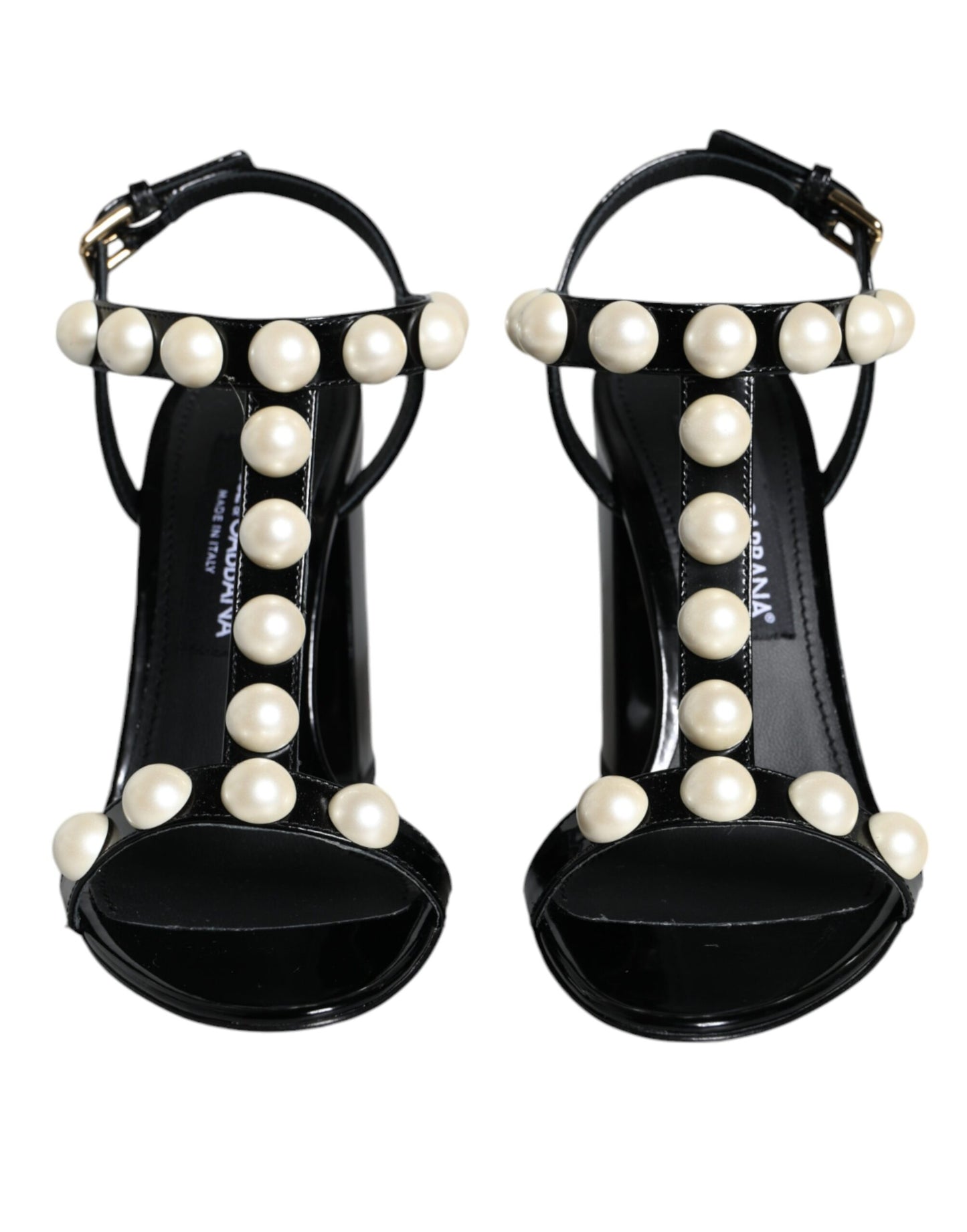 Dolce & Gabbana Black Leather Pearls T-strap Sandals Shoes