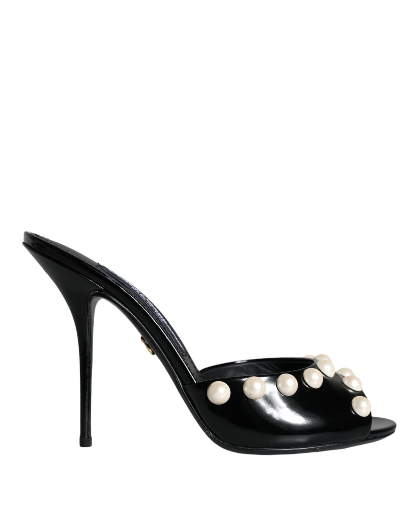 Dolce & Gabbana Black Leather Pearls Slides Sandals Shoes