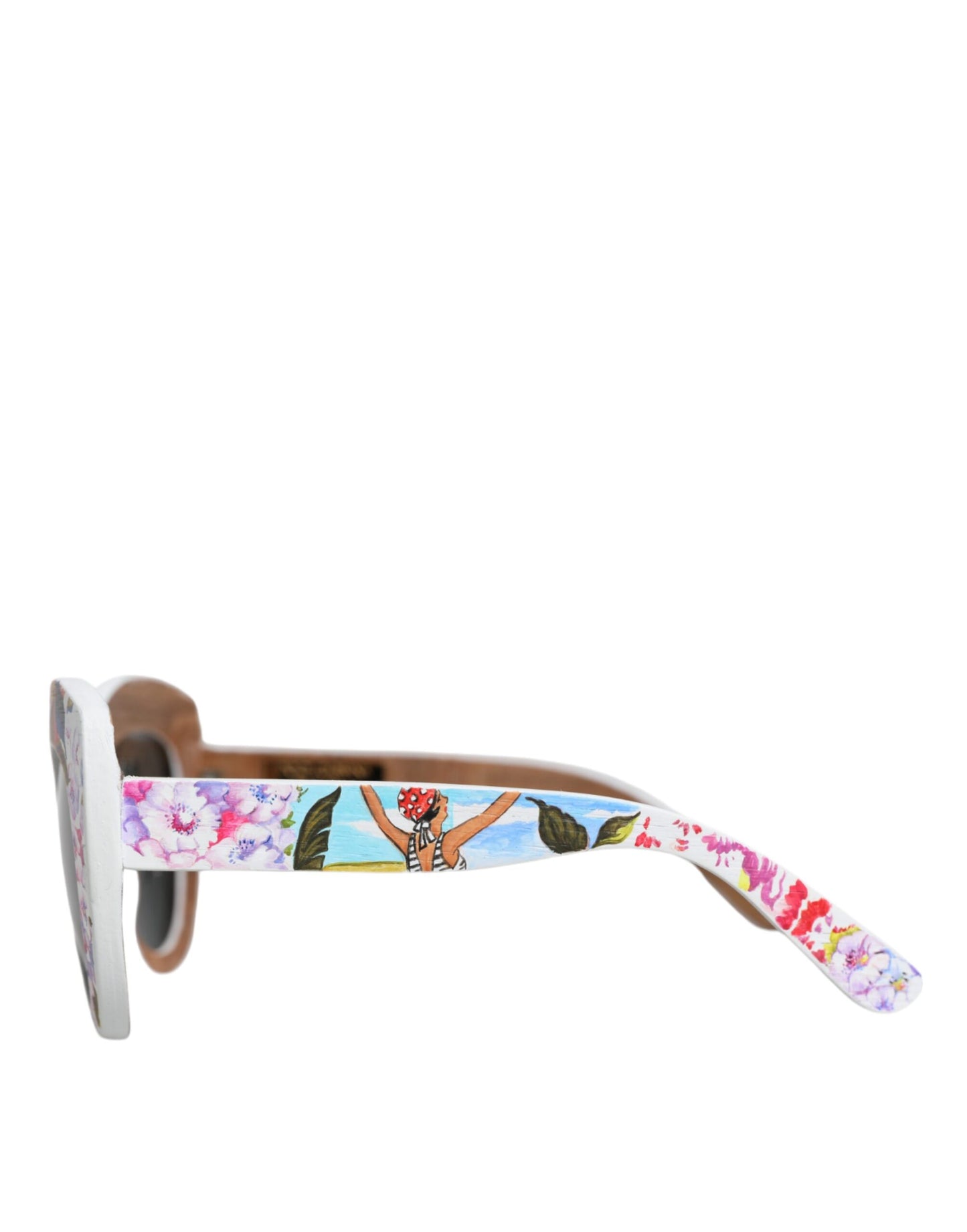 Dolce &amp; Gabbana Multicolor Wood Crystal Brass Frame Floral Hand Paint Sunglasses