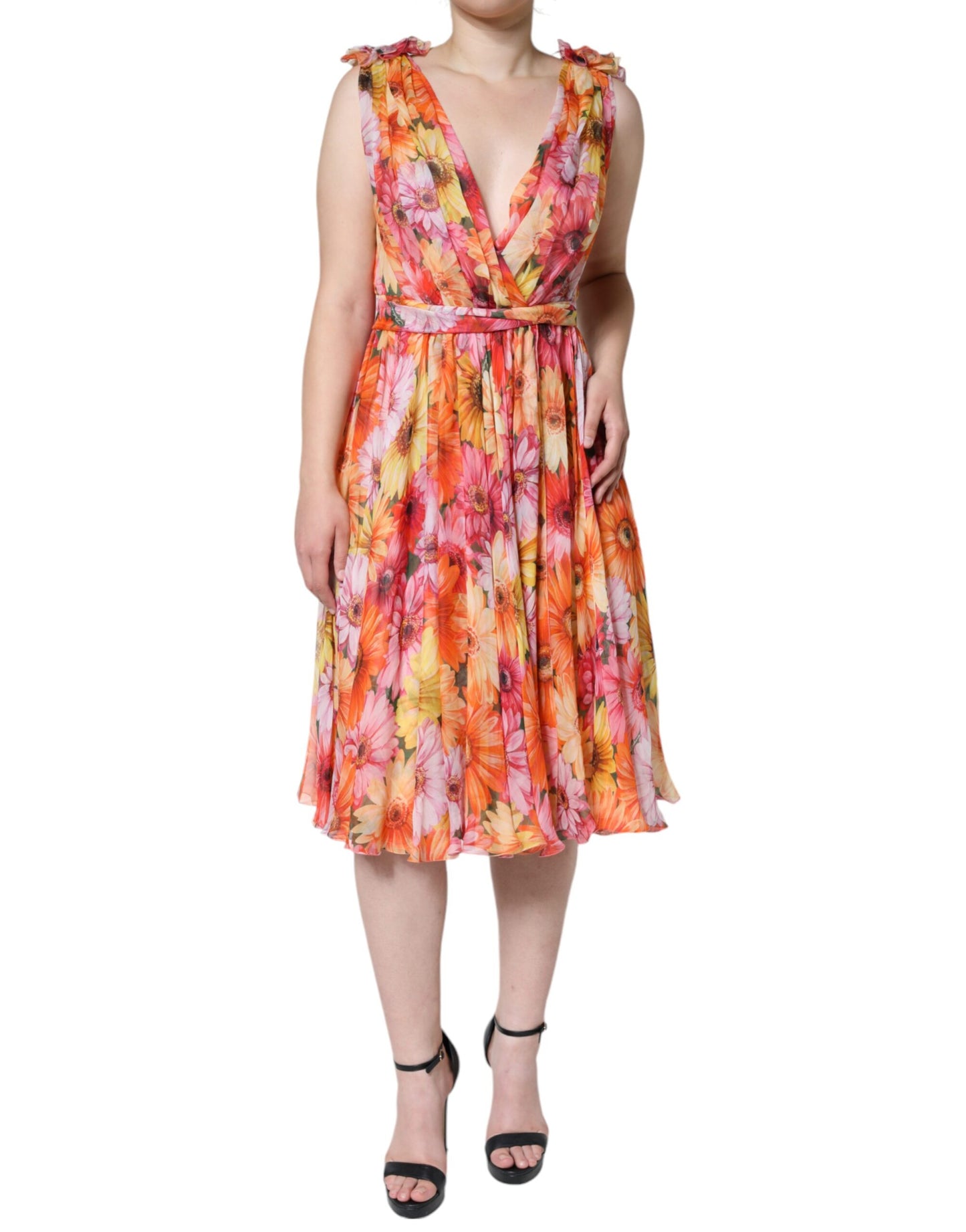 Dolce & Gabbana Multicolor Floral Sleeveless V-neck Midi Dress