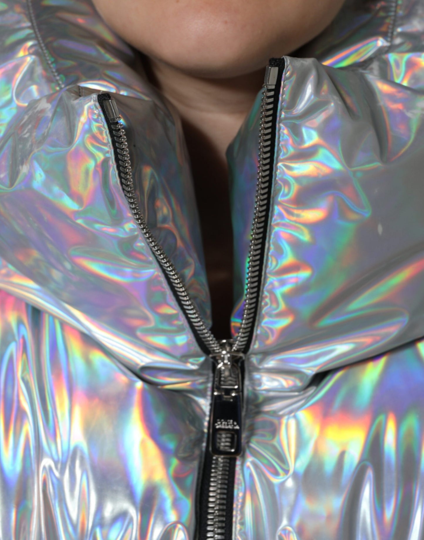 Dolce & Gabbana Silver Iridescent Puffer Full Zip Coat Jacket