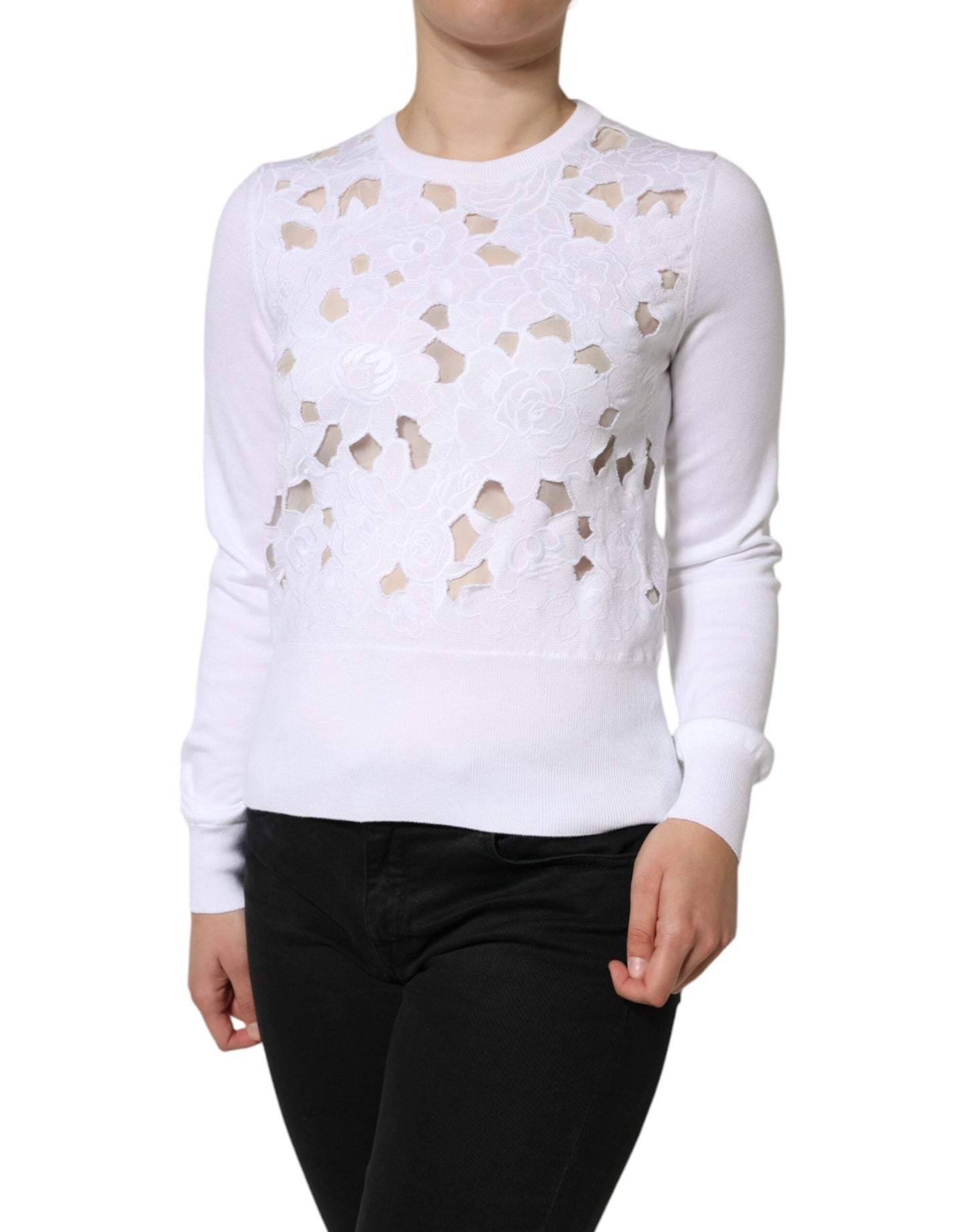 Dolce & Gabbana White Lace Cut Out Long Sleeves Pullover Sweater