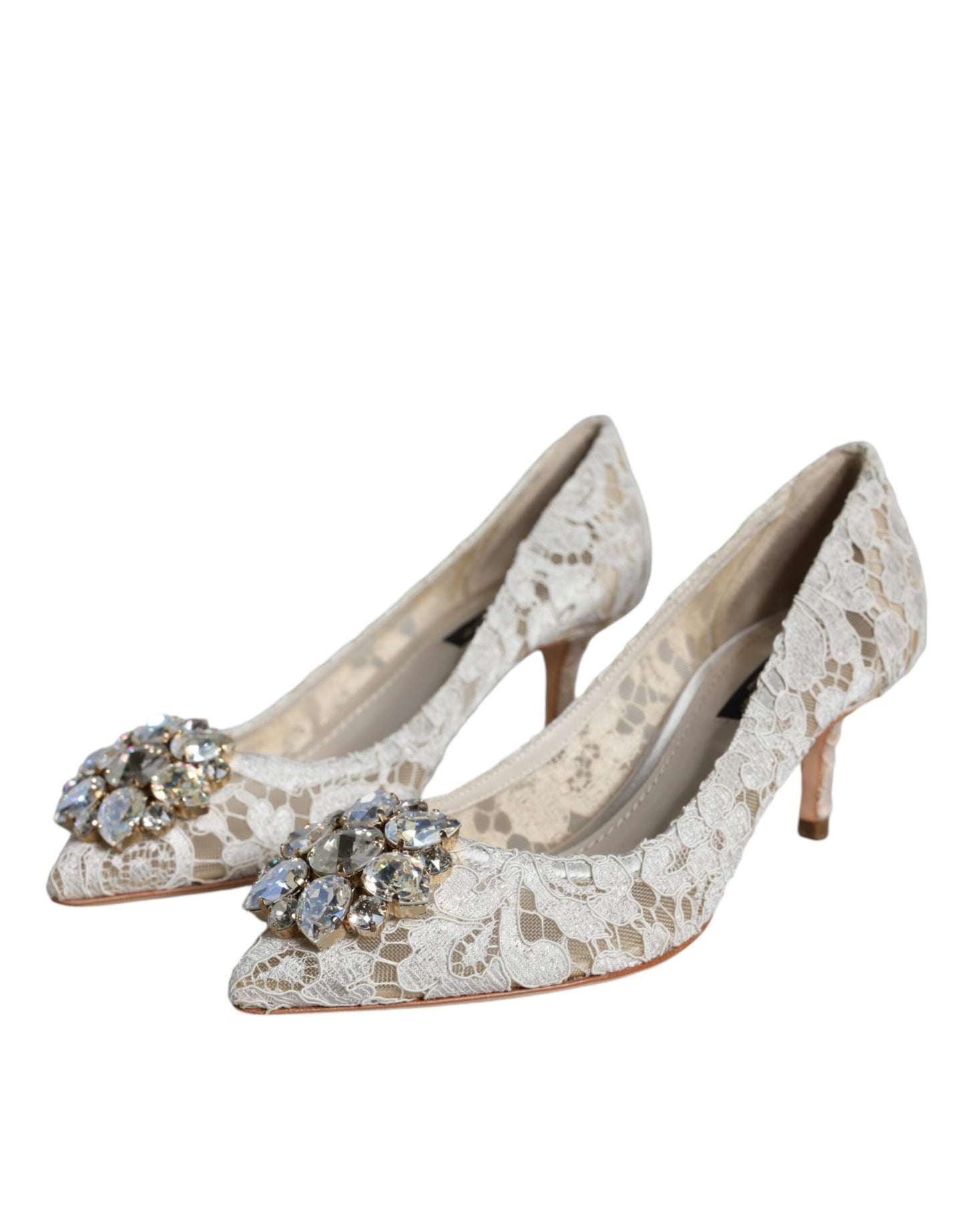 Dolce &amp; Gabbana White Taormina Lace Crystal Heel Pumps Shoes