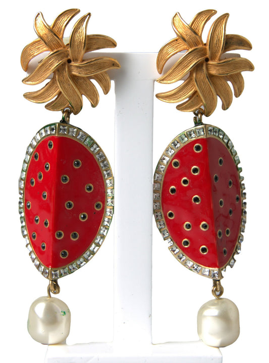 Dolce &amp; Gabbana Red Watermelon Gold Brass Crystal Clip Dangling Earrings