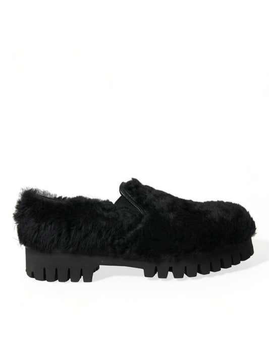 Dolce &amp; Gabbana Black Fur Leather Slippers Dress Shoes
