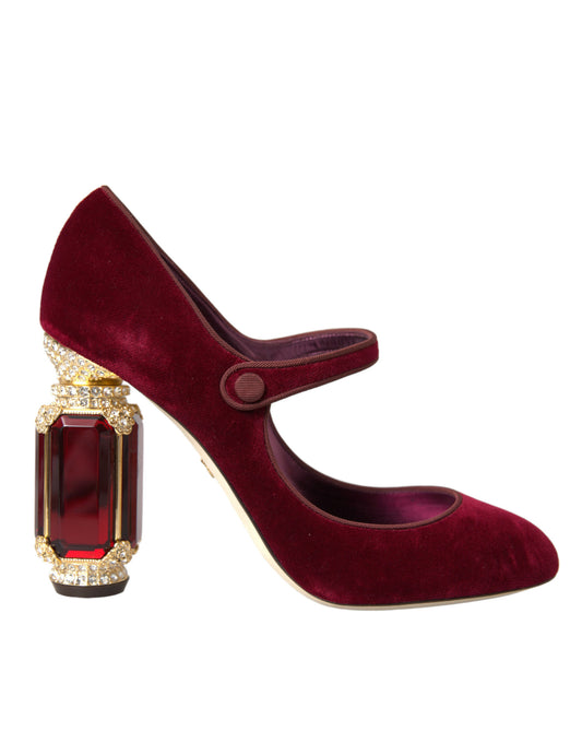 Dolce & Gabbana Red Velvet Gold Crystals Heels Mary Jane Shoes