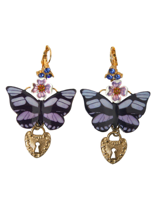 Dolce & Gabbana Gold Purple Crystal Butterfly Heart Locket Earrings